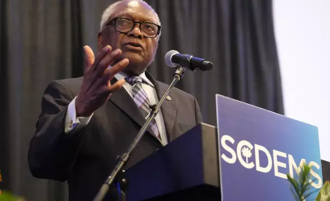 U.S. Rep. Jim Clyburn, D-S.C., speaks to attendees at the South Carolina Democratic Party's Blue Palmetto Dinner on Friday, May 29, 2026, in Columbia S.C. (AP Photo/Meg Kinnard)