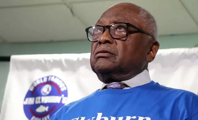 U.S. Rep. Jim Clyburn, D-S.C., speaks to reporters ahead of remarks at his "World Famous Fish Fry" event on Friday, May 29, 2026, in Columbia S.C. (AP Photo/Meg Kinnard)