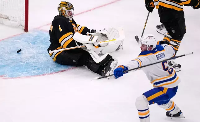 Boston Bruins goaltender Jeremy Swayman (1) sits on the ice after giving up a goal to Buffalo Sabres left wing Zach Benson (6) during the third period in Game 6 of a first-round NHL hockey Stanley Cup playoff series, Friday, May 1, 2026, in Boston. (AP Photo/Charles Krupa)