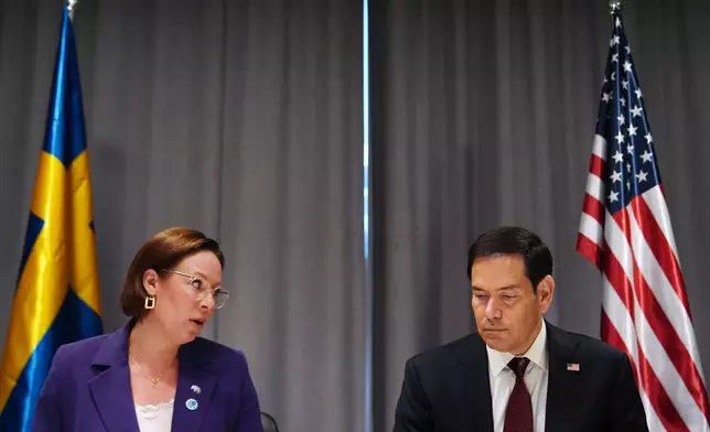 United States Secretary of State Marco Rubio, right, and Sweden's Foreign Minister Maria Malmer Stenergard during a signing ceremony on the sidelines of a meeting of NATO foreign ministers in Helsingborg, Sweden, Friday, May 22, 2026. (AP Photo/Julia Demaree Nikhinson, Pool)