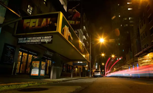 FILE - The Eugene O'Neill theater sits with its marquis lights turned off during the "Broadway for Earth" hour in New York, March 27, 2010. (AP Photo/David Goldman, file)