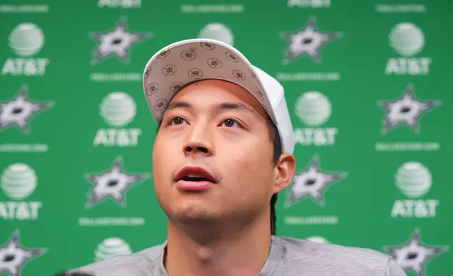 Dallas Stars left wing Jason Robertson speaks during media availability Monday, May 4, 2026, in Frisco, Texas. (AP Photo/LM Otero)