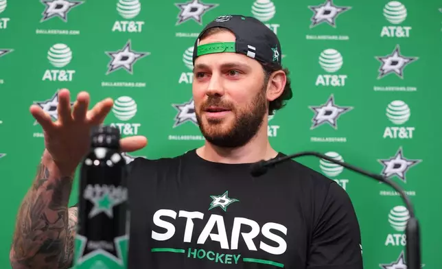 Dallas Stars forward Tyler Seguin speaks during a media availability Monday, May 4, 2026, in Frisco, Texas. (AP Photo/LM Otero)