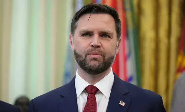 FILE - Vice President JD Vance speaks in the Oval Office at the White House, April 23, 2026, in Washington. (AP Photo/Mark Schiefelbein, File)