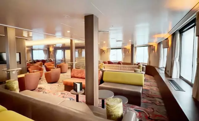A view of the inside of the Dutch-flagged MV Hondius, a cruise ship carrying nearly 150 people as it remains off Cape Verde on Monday, May 4, 2026 after three passengers died and several others fell seriously ill in a suspected hantavirus outbreak. (Qasem Elhato via AP)