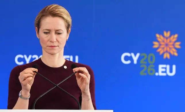 European Union foreign policy chief Kaja Kallas talks to the media after the Informal meeting of EU Foreign ministers, in the port city of Limassol, Cyprus, Thursday, May 28, 2026. (AP Photo/Petros Karadjias)
