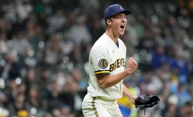 Milwaukee Brewers' Jacob Misiorowski reacts after striking out San Diego Padres' Nick Castellanos during the seventh inning of a baseball game, Wednesday, May 13, 2026, in Milwaukee. (AP Photo/Aaron Gash)