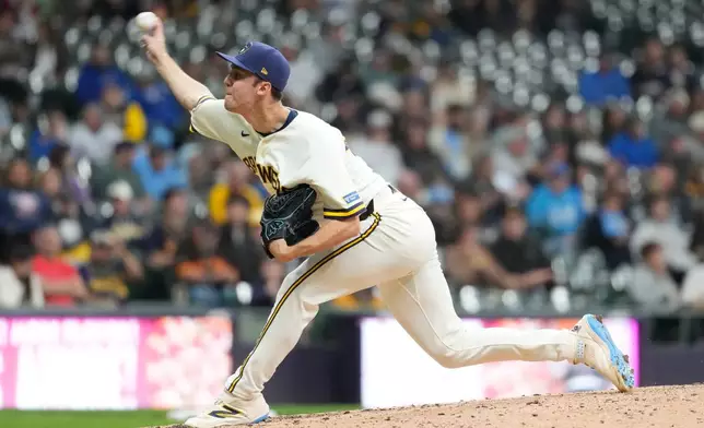 Milwaukee Brewers' Jacob Misiorowski pitches during the fifth inning of a baseball game against the San Diego Padres, Wednesday, May 13, 2026, in Milwaukee. (AP Photo/Aaron Gash)