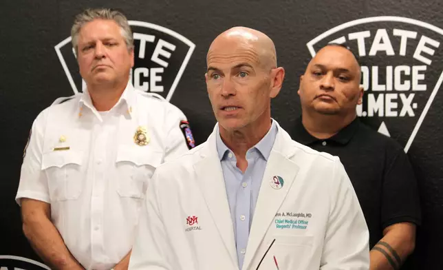 University of New Mexico Hospital Chief Medical Officer Steve McLaughlin discusses fentanyl exposure during a news conference in Albuquerque, New Mexico, on Friday, May 22, 2026. (AP Photo/Susan Montoya Bryan)