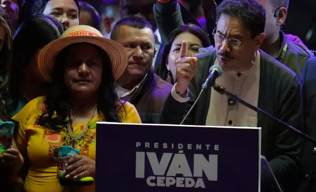 Sen. Ivan Cepeda, presidential candidate of the ruling Historic Pact coalition, speaks to supporters during a campaign rally in Bogota, Colombia, Friday, May 22, 2026. (AP Photo/Fernando Vergara)