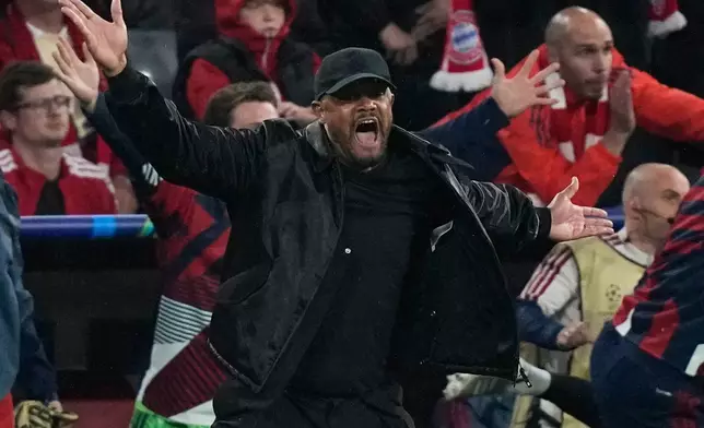 Bayern head coach Vincent Kompany reacts to a referee call during the Champions League semifinal second leg soccer match between Bayern Munich and Paris Saint Germain in Munich, Germany, Wednesday, May 6, 2026. (AP Photo/Matthias Schrader)