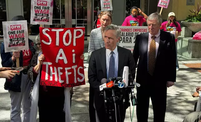 Bill Savitt, an attorney for OpenAI, speaks to the media after a jury ruled in the company's favor in a a federal trial in Oakland, Calif. on Monday, May 18, 2026. (AP Photo/Terry Chea)