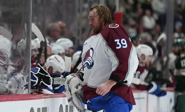 Colorado Avalanche goaltender MacKenzie Blackwood (39) waits for play to resume during the third period of Game 3 of an NHL Stanley Cup hockey second-round playoff series against the Minnesota Wild, Saturday, May 9, 2026, in St. Paul, Minn. (AP Photo/Abbie Parr)