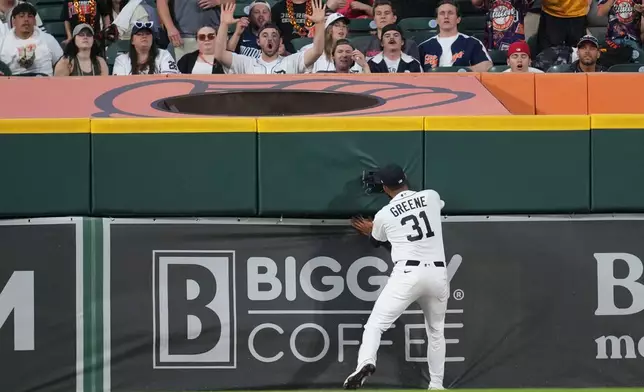 Detroit Tigers left fielder Riley Greene catches a Los Angeles Angels' Wade Meckler fly ball during the seventh inning of a baseball game Tuesday, May 26, 2026, in Detroit. (AP Photo/Paul Sancya)