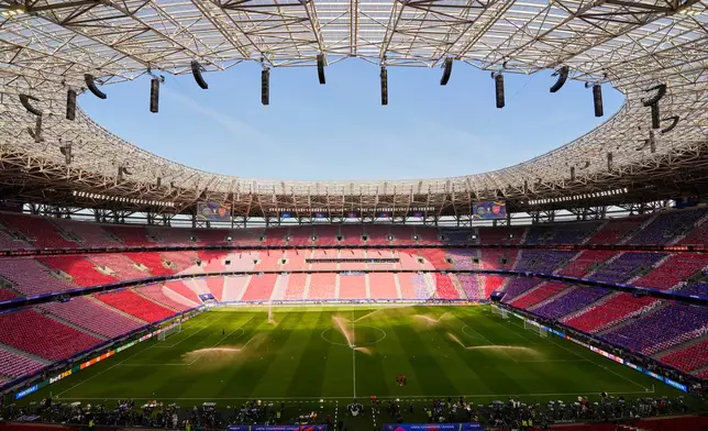 Generel view of the Puskas Arena a day ahead of the Champions League final soccer match between Paris Saint-Germain and Arsenal in Budapest, Hungary, Friday, May 29, 2026. (AP Photo/Vadim Ghirda)