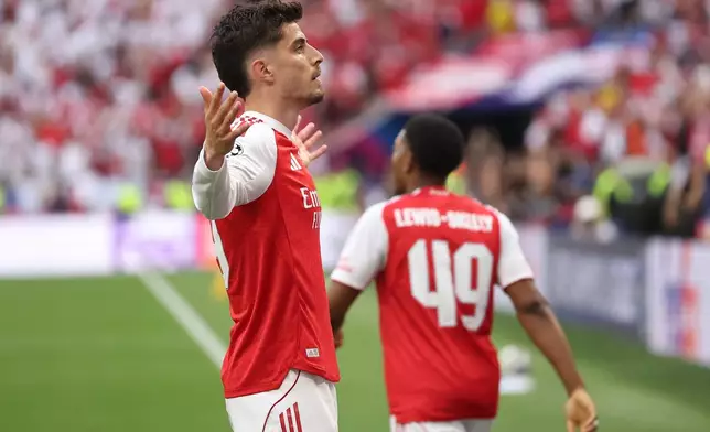 Arsenal's Kai Havertz celebrates after scoring during the Champions League final soccer match between Paris Saint-Germain and Arsenal in Budapest, Hungary, Saturday, May 30, 2026. AP Photo/Armin Durgut)
