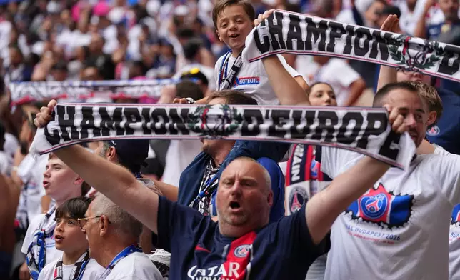 PSG fans hold up their scarves before the Champions League final soccer match between Paris Saint-Germain and Arsenal in Budapest, Hungary, Saturday, May 30, 2026. (AP Photo/Andreea Alexandru)