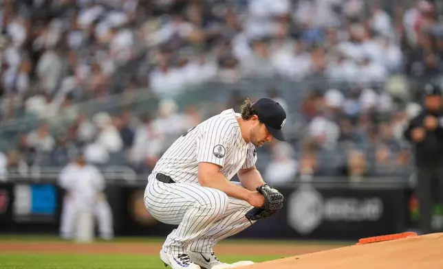 New York Yankees pitcher Gerrit Cole prepares to throw during the first inning of a baseball game against the Tampa Bay Rays, Friday, May 22, 2026, in New York. (AP Photo/Yuki Iwamura)