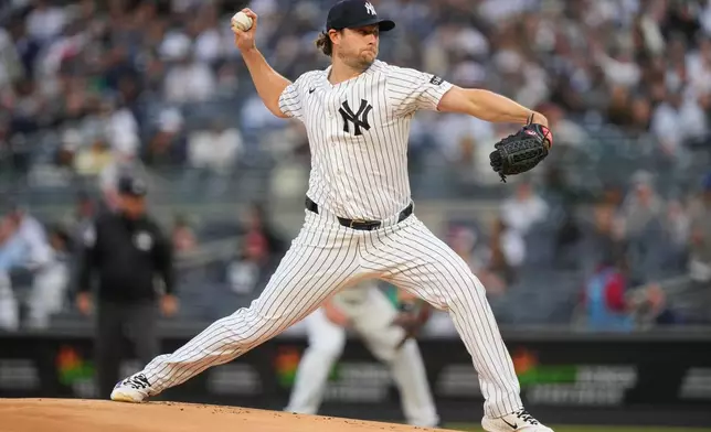 New York Yankees pitcher Gerrit Cole throws during the first inning of a baseball game against the Tampa Bay Rays, Friday, May 22, 2026, in New York. (AP Photo/Yuki Iwamura)