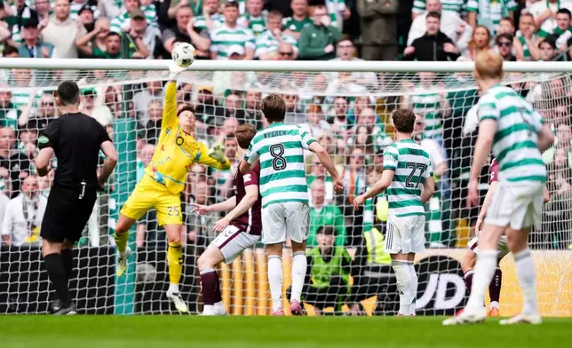 Celtic's Benjamin Nygren rues a missed chance, saved by Heart of Midlothian goalkeeper Alexander Schwolow during the Premiership soccer match between Celtic and Heart of Midlothian, in Glasgow, Scotland, Saturday May 16, 2026. (Andrew Milligan//PA via AP)