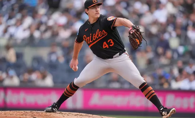 Baltimore Orioles pitcher Trey Gibson throws during the first inning of a baseball game against the New York Yankees, Sunday, May 3, 2026, in New York. (AP Photo/Seth Wenig)