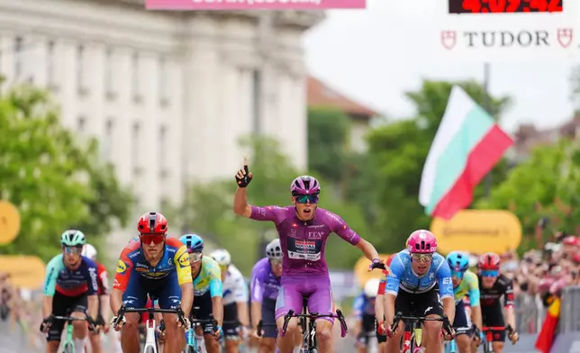 France's Paul Magnier wins the third stage of the Giro d'Italia cycling race, from Plovdiv to Sofia, Bulgaria, Sunday, May 10, 2026. (Massimo Paolone /LaPresse via AP)