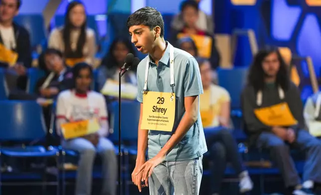 Shrey Parikh, 14, of Rancho Cucamonga, Calif., competes during the first preliminary round of the Scripps National Spelling Bee, Tuesday, May 26, 2026, in Washington. (AP Photo/Allison Robbert)