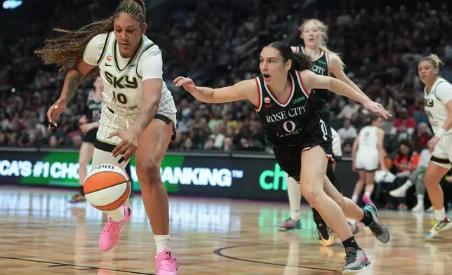 Chicago Sky center Kamilla Cardoso (10) and Portland Fire guard Carla Leite (0) go fore the ball during the first half of a WNBA basketball game on Saturday, May 9, 2026, in Portland, Ore. (AP Photo/Jenny Kane)