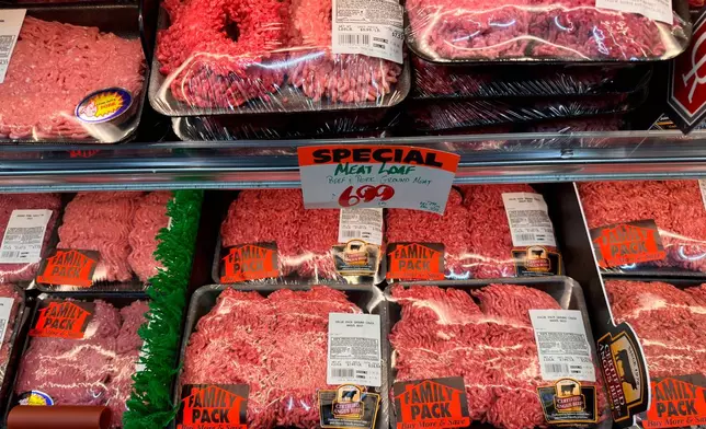 FILE - Beef is displayed for sale at a grocery store Wednesday, April 29, 2026, in Chicago. (AP Photo/Erin Hooley, File)