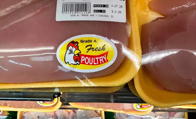 FILE - Chicken is displayed for sale at a grocery store Wednesday, April 29, 2026, in Chicago. (AP Photo/Erin Hooley, File)
