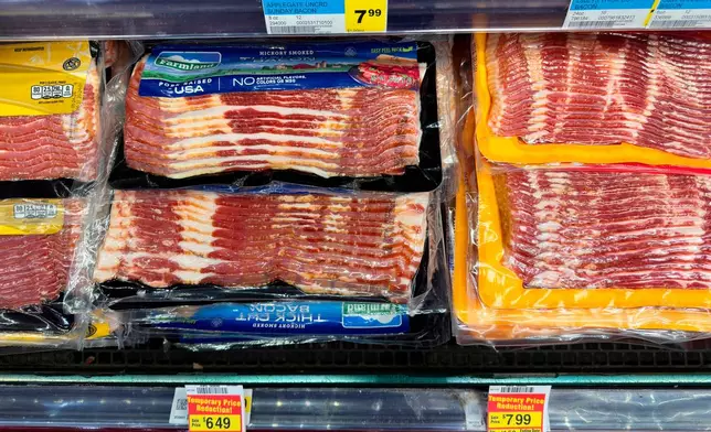 FILE - Bacon is displayed for sale at a grocery store Wednesday, April 29, 2026, in Chicago. (AP Photo/Erin Hooley, File)
