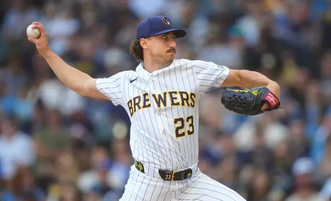 Milwaukee Brewers pitcher Brandon Sproat throws during the third inning of a baseball game against the Los Angles Dodgers, Sunday, May 24, 2026, in Milwaukee. (AP Photo/Kayla Wolf)