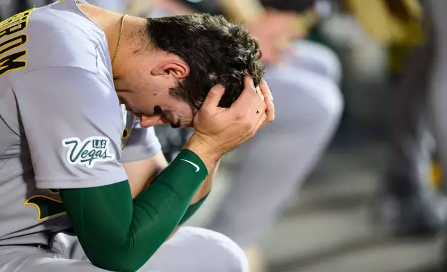 Athletics' Tyler Soderstrom reacts during the sixth inning of a baseball game against the Los Angeles Angels, Monday, May 18, 2026, in Anaheim, Calif. (AP Photo/William Liang)