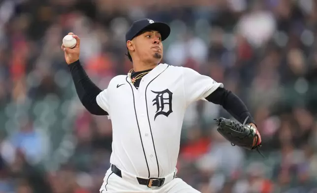 Detroit Tigers pitcher Keider Montero throws against the Texas Rangers during the first inning of a baseball game Saturday, May 2, 2026, in Detroit. (AP Photo/Paul Sancya)