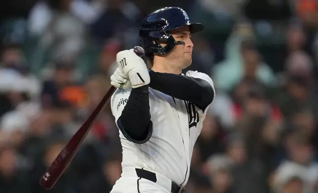 Detroit Tigers' Jace Jung hits a single against the Texas Rangers during the fourth inning of a baseball game Saturday, May 2, 2026, in Detroit. (AP Photo/Paul Sancya)