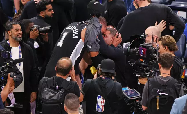 San Antonio Spurs forward Victor Wembanyama celebrates after defeating the Oklahoma City Thunder in Game 7 of the Western Conference finals of the NBA basketball playoffs series Saturday, May 30, 2026, in Oklahoma City. (AP Photo/Nate Billings)