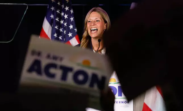 Democratic gubernatorial candidate Dr. Amy Acton speaks at a primary election night campaign event after winning the party's nomination for governor in Columbus, Ohio, Tuesday, May 5, 2026. (AP Photo/Jay LaPrete)