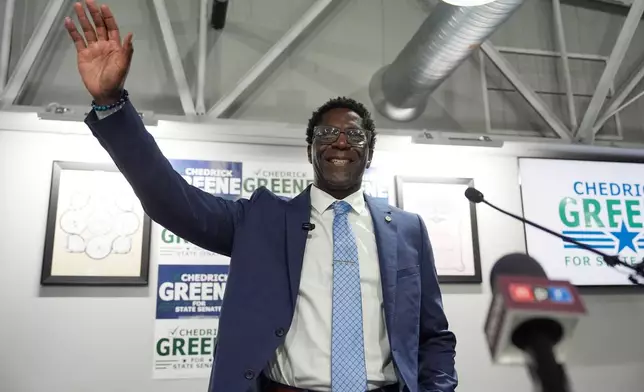 Chedrick Greene, Democratic candidate for 35th Senate District, speaks Tuesday, May 5, 2026 in Saginaw, Mich. (AP Photo/Paul Sancya)