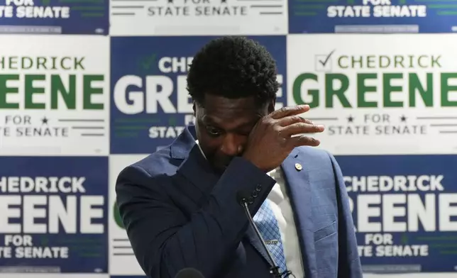 Chedrick Greene, Democratic candidate for 35th Senate District, speaks Tuesday, May 5, 2026 in Saginaw, Mich. (AP Photo/Paul Sancya)