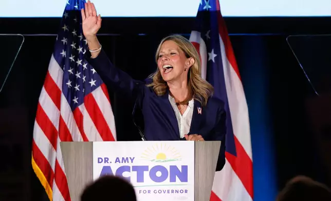 Democratic gubernatorial candidate Dr. Amy Acton speaks at a primary election night campaign event after winning the party's nomination for governor in Columbus, Ohio, Tuesday, May 5, 2026. (AP Photo/Jay LaPrete)