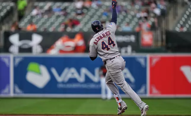 Houston Astros' Yordan Alvarez (44) rounds the bases after hitting a home run during the second inning in the second baseball game of a doubleheader against the Baltimore Orioles, Thursday, April 30, 2026, in Baltimore. (AP Photo/Stephanie Scarbrough)