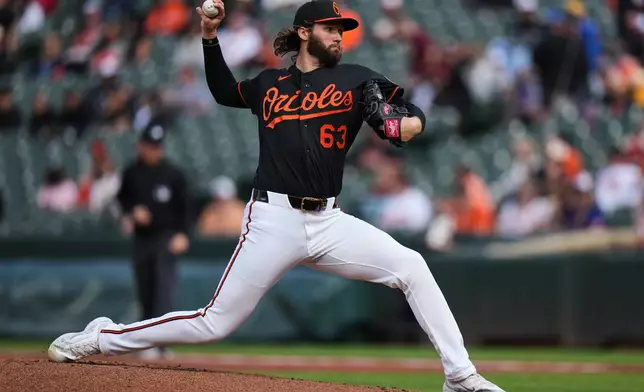 Baltimore Orioles starting pitcher Brandon Young (63) delivers during the first inning in the second baseball game of a doubleheader against the Houston Astros, Thursday, April 30, 2026, in Baltimore. (AP Photo/Stephanie Scarbrough)