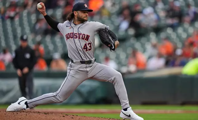 Houston Astros starting pitcher Lance McCullers Jr. (43) delivers during the first inning in the second baseball game of a doubleheader against the Baltimore Orioles, Thursday, April 30, 2026, in Baltimore. (AP Photo/Stephanie Scarbrough)