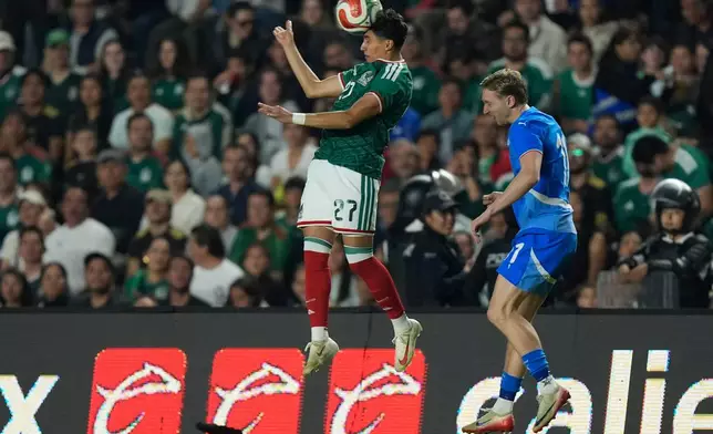 FILE - Mexico's Richard Ledezma, left, heads the ball in front of Iceland's Helgi Gudjonsson during an international friendly soccer match in Queretaro, Mexico, Wednesday, Feb. 25, 2026. (AP Photo/Fernando Llano, File)
