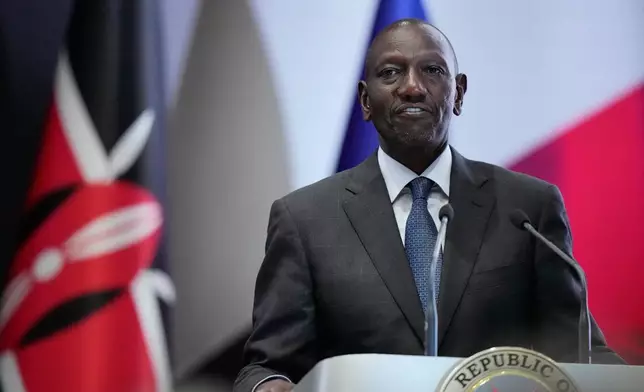 Kenya's President William Ruto speaks during a joint press conference with France's President Emmanuel Macron at State House in Nairobi, Kenya, Sunday, May 10, 2026. (AP Photo/Brian Inganga)