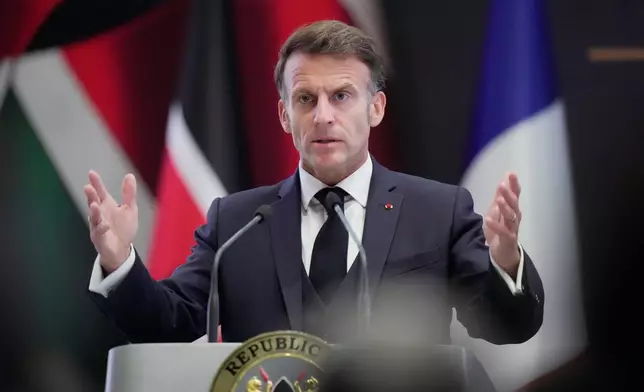 France's President Emmanuel Macron speaks during a joint press conference with Kenya's President William Ruto at State House in Nairobi, Kenya, Sunday, May 10, 2026. (AP Photo/Brian Inganga)