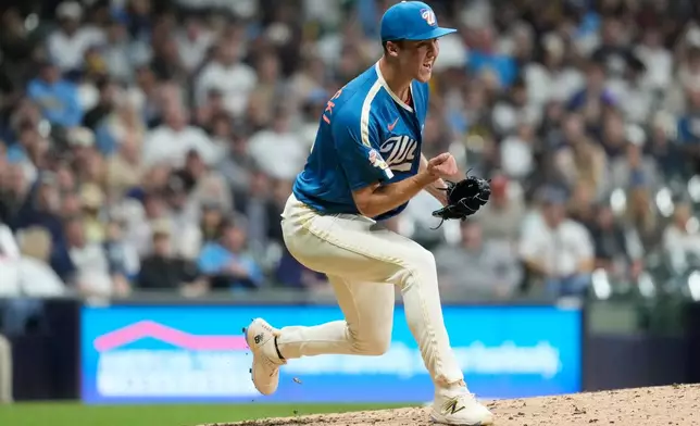 Milwaukee Brewers' Jacob Misiorowski reacts during the sixth inning of a baseball game against the New York Yankees, Friday, May 8, 2026, in Milwaukee. (AP Photo/Aaron Gash)
