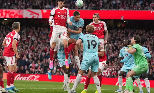 Arsenal's Kai Havertz heads the ball to score his side's first goal during the Premier League soccer match between Arsenal and Burnley in London, Monday, May 18, 2026. (AP Photo/Kirsty Wigglesworth)