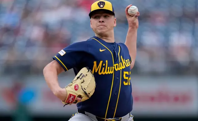 Milwaukee Brewers starting pitcher Kyle Harrison throws to the Washington Nationals during the first inning of a baseball game, Saturday, May 2, 2026, in Washington. (AP Photo/Jess Rapfogel)