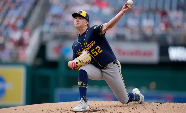 Milwaukee Brewers starting pitcher Kyle Harrison throws to the Washington Nationals during the first inning of a baseball game, Saturday, May 2, 2026, in Washington. (AP Photo/Jess Rapfogel)